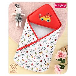 Babyhug 100% Cotton Hooded  Wrapper Car Print - Red & White