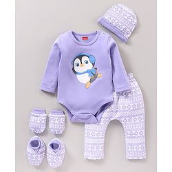 Babyhug Full Sleeves Onesies with Leggings Cap Mittens & Booties - Purple