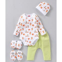 Babyhug Cotton Full Sleeves Onesies with Leggings with Cap Mittens & Booties Printed - Mulicolour