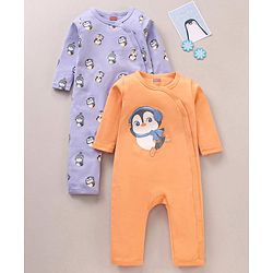 Babyhug 100% Cotton Knit Full Sleeves Penguin Printed Romper Pack of 2 - Multicolour