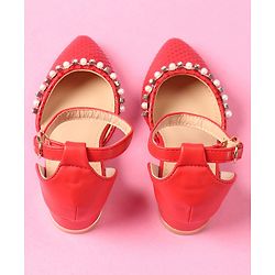 Cute Walk by Babyhug Bellies With Buckle Closure Pearl & Stud Embellishments- Red