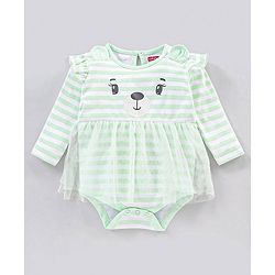 Babyhug 100% Cotton Full Sleeves Striped Frock Style Onesie - Green