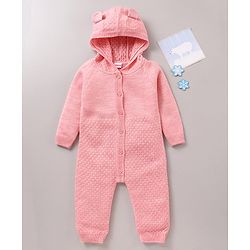 Babyhug Full Sleeves Hooded Winter Romper Solid - Pink