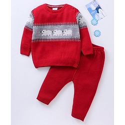 Babyhug Full Sleeves Baby Sweater Set with Animal Design - Red