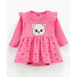 Babyhug Full Sleeves 100% Cotton Frock Style Onesie Heart Print - Pink