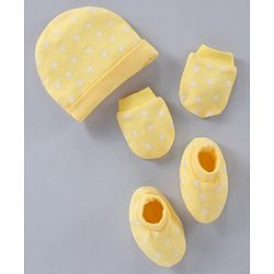 Babyhug 100% Cotton Cap Mittens & Booties Paw Print Yellow - Circumference 38 cm
