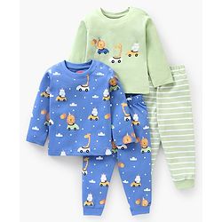 Babyhug Cotton Knit Full Sleeves Cartoon Lions Printed Night Suit Pack of 2 - Green Blue
