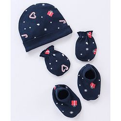 Babyhug 100% Cotton Cap Mittens & Booties Set Christmas Theme Print - Navy