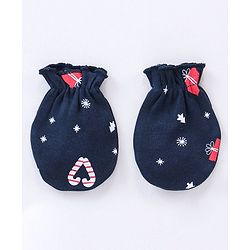 Babyhug 100% Cotton Cap Mittens & Booties Set Christmas Theme Print - Navy