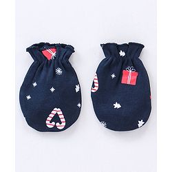Babyhug 100% Cotton Cap Mittens & Booties Set Christmas Theme Print - Navy