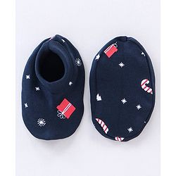 Babyhug 100% Cotton Cap Mittens & Booties Set Christmas Theme Print - Navy