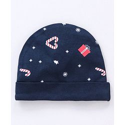 Babyhug 100% Cotton Cap Mittens & Booties Set Christmas Theme Print - Navy