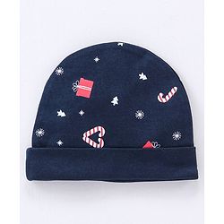 Babyhug 100% Cotton Cap Mittens & Booties Set Christmas Theme Print - Navy