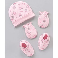 Babyhug 100% Cotton Cap Mittens & Booties Castle Print Pink - Diameter 8.5 cm