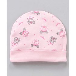 Babyhug 100% Cotton Cap Mittens & Booties Castle Print Pink - Diameter 8.5 cm