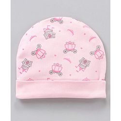 Babyhug 100% Cotton Cap Mittens & Booties Castle Print Pink - Diameter 8.5 cm