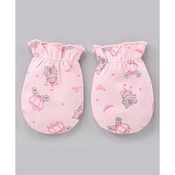 Babyhug 100% Cotton Cap Mittens & Booties Castle Print Pink - Diameter 8.5 cm
