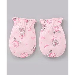 Babyhug 100% Cotton Cap Mittens & Booties Castle Print Pink - Diameter 8.5 cm