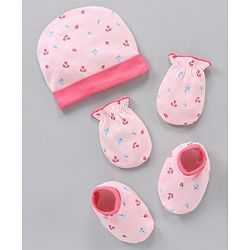 Babyhug 100% Cotton Cap Mittens & Booties Castle Print Pink - Diameter 11 cm