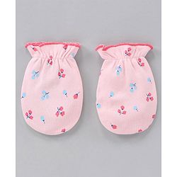 Babyhug 100% Cotton Cap Mittens & Booties Castle Print Pink - Diameter 11 cm