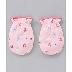 Babyhug 100% Cotton Cap Mittens & Booties Castle Print Pink - Diameter 11 cm