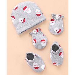 Babyhug Cotton Cap Mittens & Booties Set Santa Print - Grey