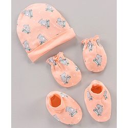 Babyhug 100% Cotton Cap Mittens & Booties Set Animal Print Peach - Diameter 11 cm