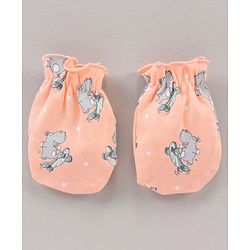 Babyhug 100% Cotton Cap Mittens & Booties Set Animal Print Peach - Diameter 11 cm