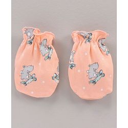 Babyhug 100% Cotton Cap Mittens & Booties Set Animal Print Peach - Diameter 11 cm