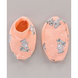 Babyhug 100% Cotton Cap Mittens & Booties Set Animal Print Peach - Diameter 11 cm