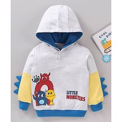 Babyhug Full Sleeves Hooded Sweatshirt with Little Monsters Print & 3D Applique - Grey