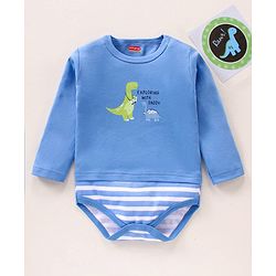 Babyhug 100% Cotton Full Sleeves Onesie Stripes & Dino Print- Blue