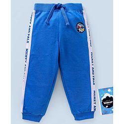 Babyhug Cotton Knit Full Length Lounge Pants Mickey Badge & Side Printed Tape - Blue