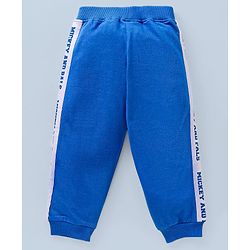 Babyhug Cotton Knit Full Length Lounge Pants Mickey Badge & Side Printed Tape - Blue