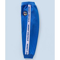 Babyhug Cotton Knit Full Length Lounge Pants Mickey Badge & Side Printed Tape - Blue