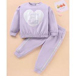 Babyhug Full Sleeves Top & Lounge Pant Glitter Text Print - Lilac