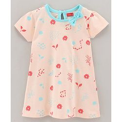 Babyhug 100% Cotton Knit Short Sleeves Frock Floral Print - Peach