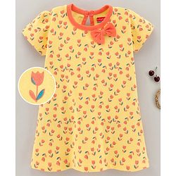 Babyhug 100% Cotton Knit Short Sleeves Frock Floral Print - Yellow
