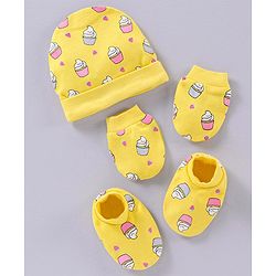 Babyhug 100% Cotton Cap Mittens & Booties Set Cupcakes Print Yellow - Circumference 33 cm