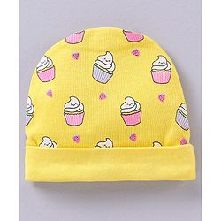 Babyhug 100% Cotton Cap Mittens & Booties Set Cupcakes Print Yellow - Circumference 33 cm