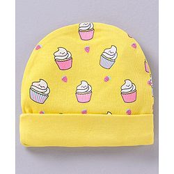 Babyhug 100% Cotton Cap Mittens & Booties Set Cupcakes Print Yellow - Circumference 33 cm