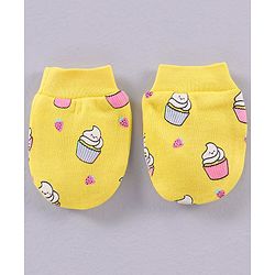 Babyhug 100% Cotton Cap Mittens & Booties Set Cupcakes Print Yellow - Circumference 33 cm