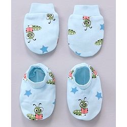 Babyhug 100% Cotton Mittens and Booties Caterpillar Print - Blue