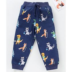 Babyhug Cotton Lounge Pant With Ribbed Waist Animal Print - Navy