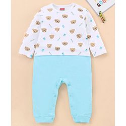 Babyhug 100% Cotton Knit Full Sleeves Romper Bear Print - White Blue