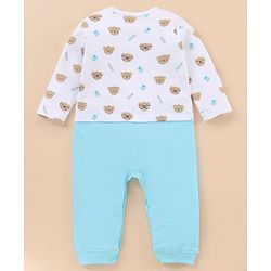 Babyhug 100% Cotton Knit Full Sleeves Romper Bear Print - White Blue