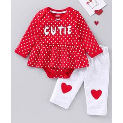 Babyhug Full Sleeves Cotton Knit Frock Style Onesie with Leggings Heart Print - Red and Grey