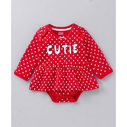 Babyhug Full Sleeves Cotton Knit Frock Style Onesie with Leggings Heart Print - Red and Grey