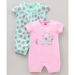 Babyhug 100% Cotton Half Sleeves Romper Kitty Print Pack of 2 - Light Blue Pink