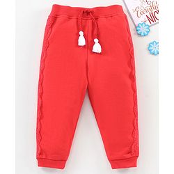 Babyhug Full Length Cotton Lounge Pant with Ribbed Waist - Red